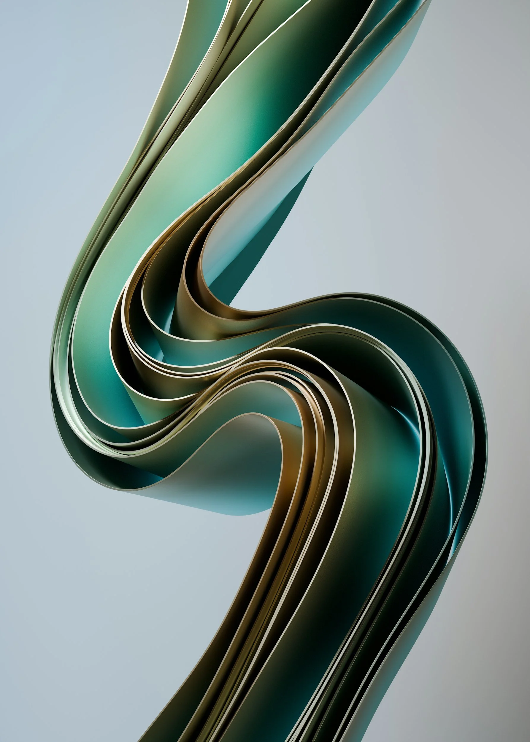 Abstract digital artwork featuring intertwined ribbon-like shapes in metallic hues of gold and teal, with a light gradient background.