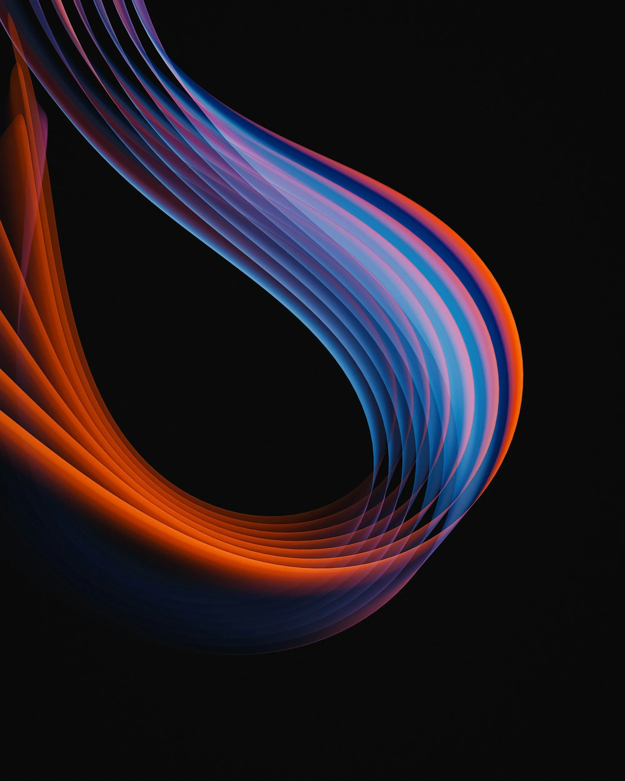 Abstract digital artwork with flowing, curved lines in orange, purple, and blue on a black background.