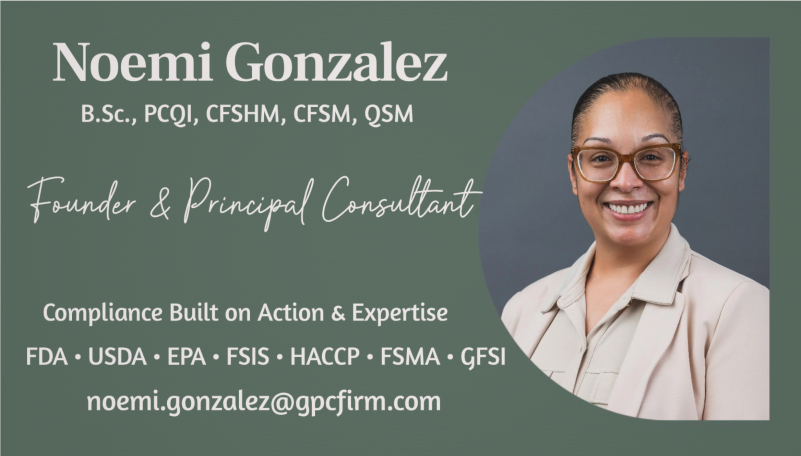 Business card for Noemi Gonzalez, Founder and Principal Consultant, with contact email noemi.gonzalez@gpcfirm.com, featuring a professional portrait of a woman with glasses smiling.