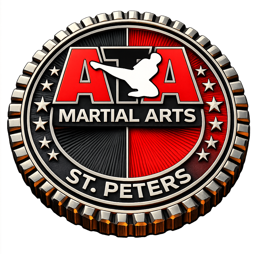 A circular martial arts badge with a black and red background, stars along the edge, and a silhouette of a person in a martial arts pose. The badge reads "AIA Martial Arts St. Peters".