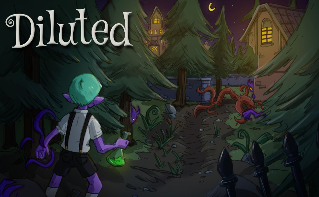 A cartoon purple tentacled creature with green hair and pointed ears holding a glowing green potion in a dark forest at night with twisted trees and creepy plants.