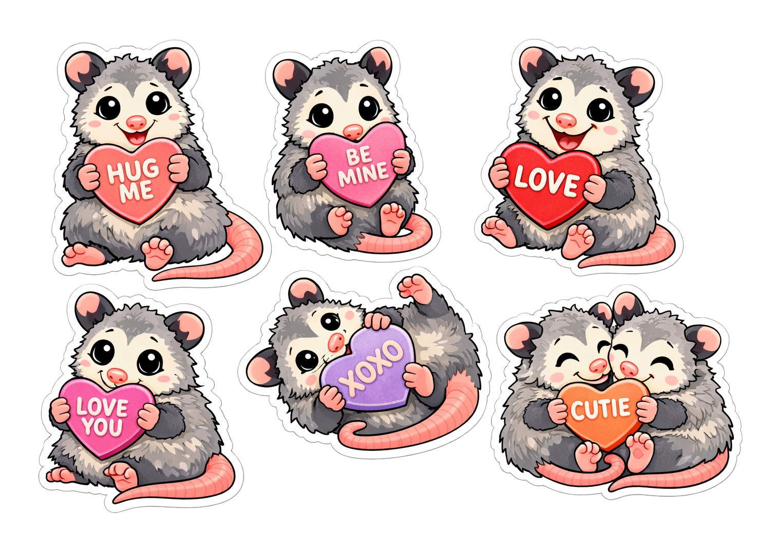 Possums Holding Hearts Valentines Day Sticker Sets