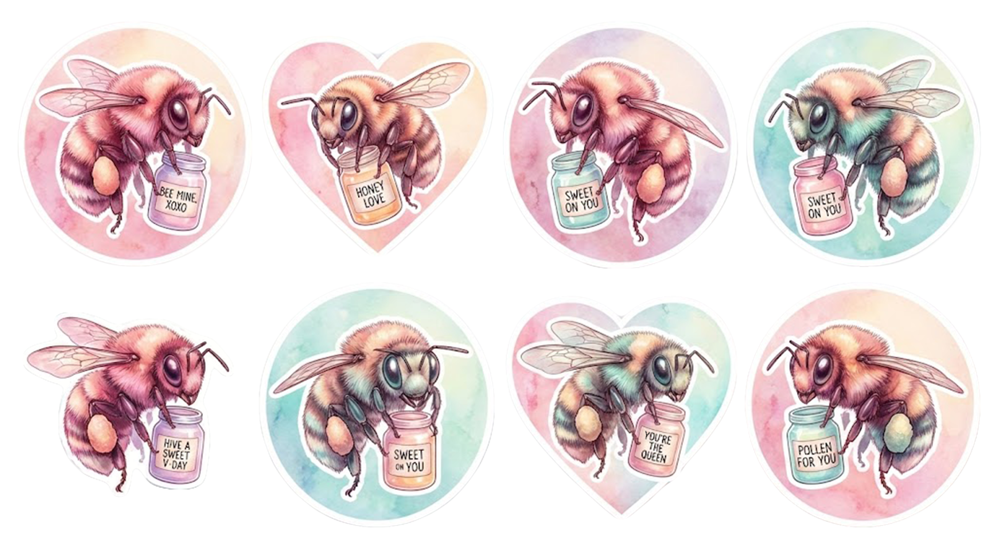 Pastel Honey Bee Adorable Valentines Day Sticker Set