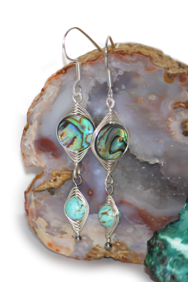 Silver Plated Abalone & Turquoise Drop Earrings