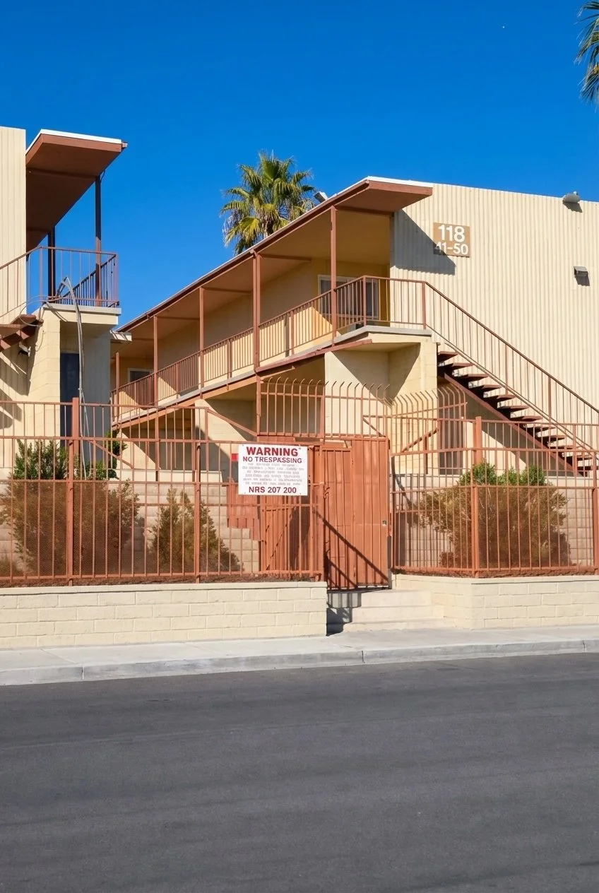 Apartment complex with exterior stairs and beige building, palm trees in background, and a sign on the gate that says 'Warning No Trespassing' in red and white.