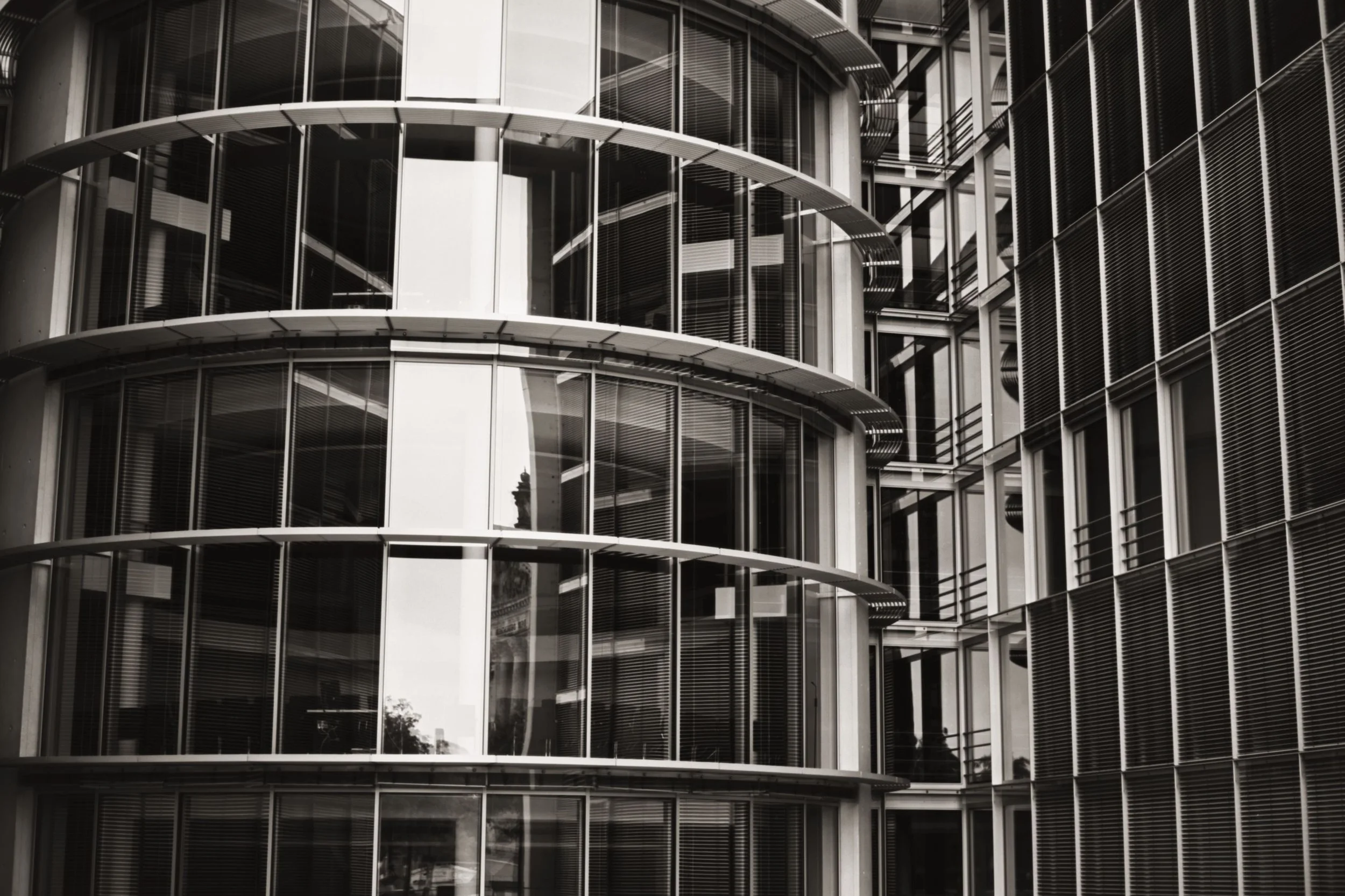 black and white office building