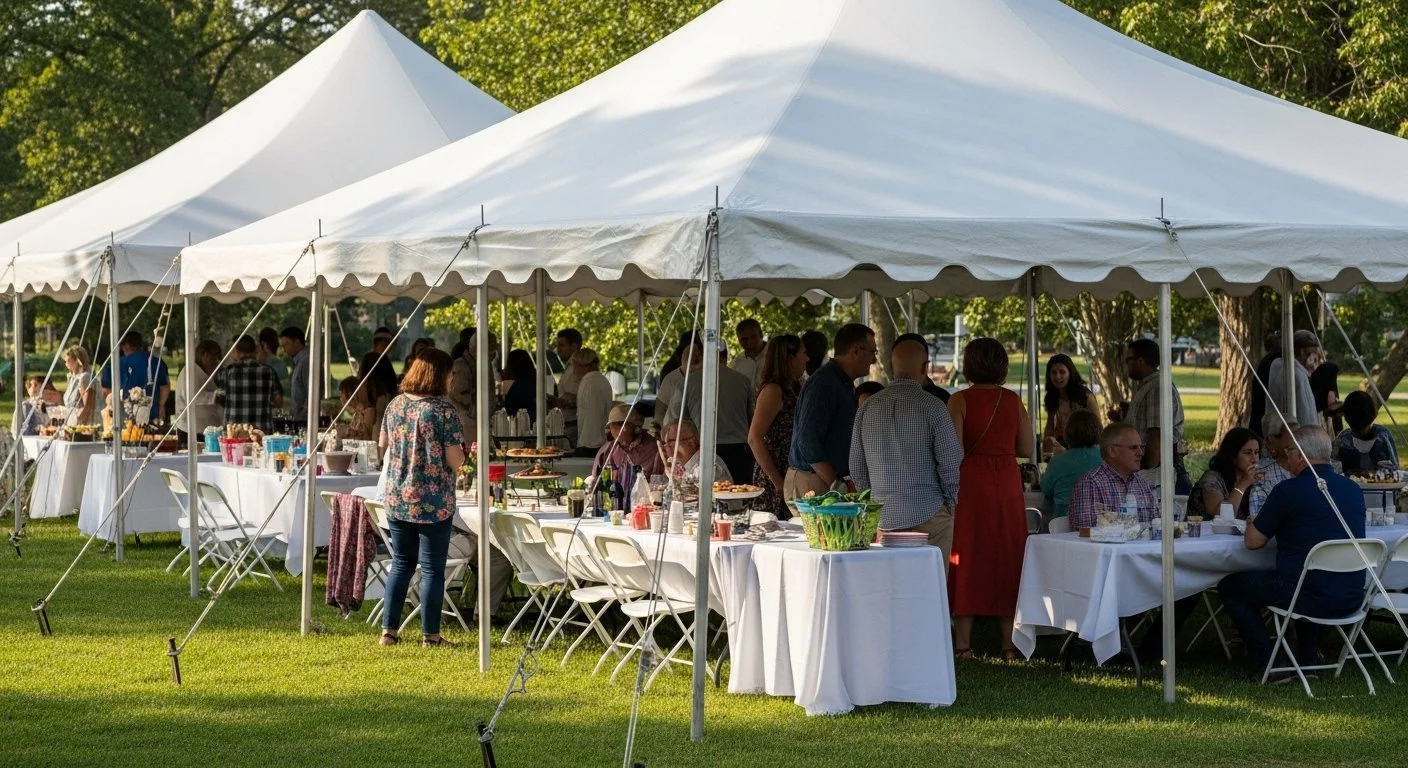 People gathered under a large white event tent outdoors, with tables set with food and drinks, enjoying a social gathering or celebration on a sunny day.