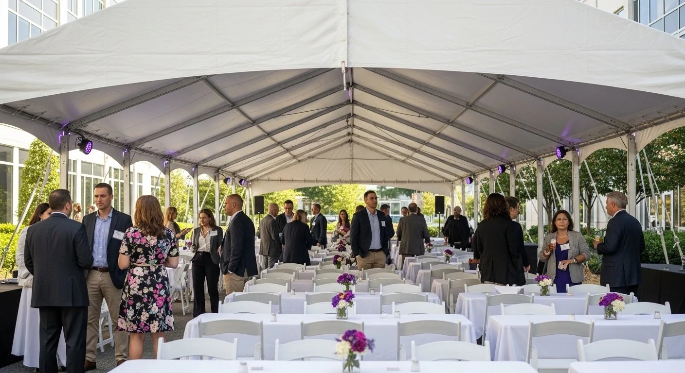 People gathering and conversing under a large tent at an outdoor event, with white tables decorated with purple and white flowers, in a modern urban setting.