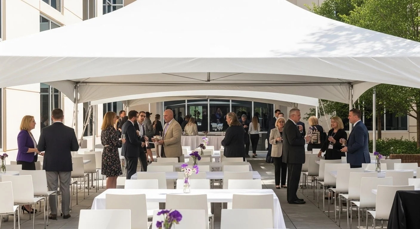 People attending a formal outdoor event under a large white canopy, with white tables and chairs, some holding drinks, in front of a modern building.