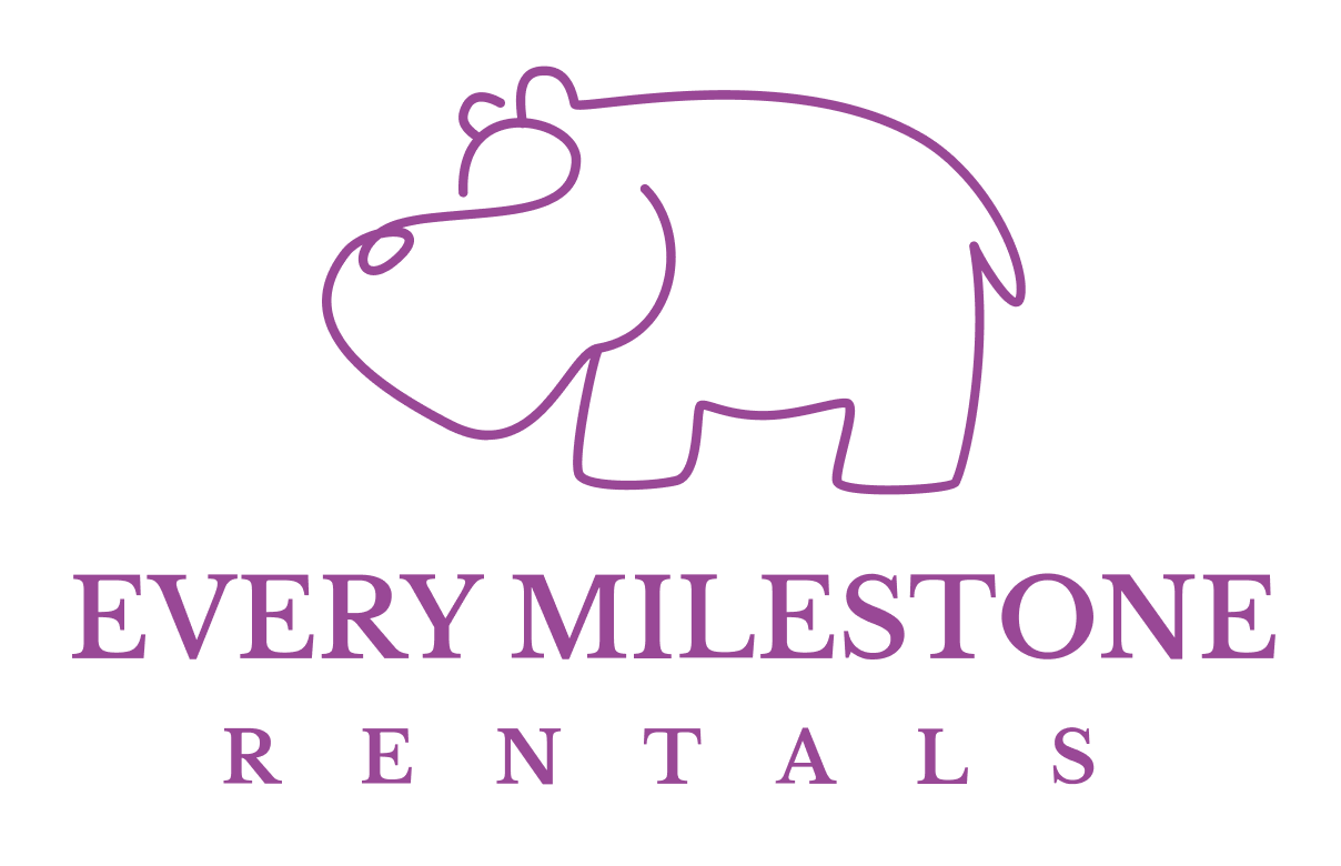 A purple outline of a hippopotamus above the text "Every Milestone Rentals" in purple.