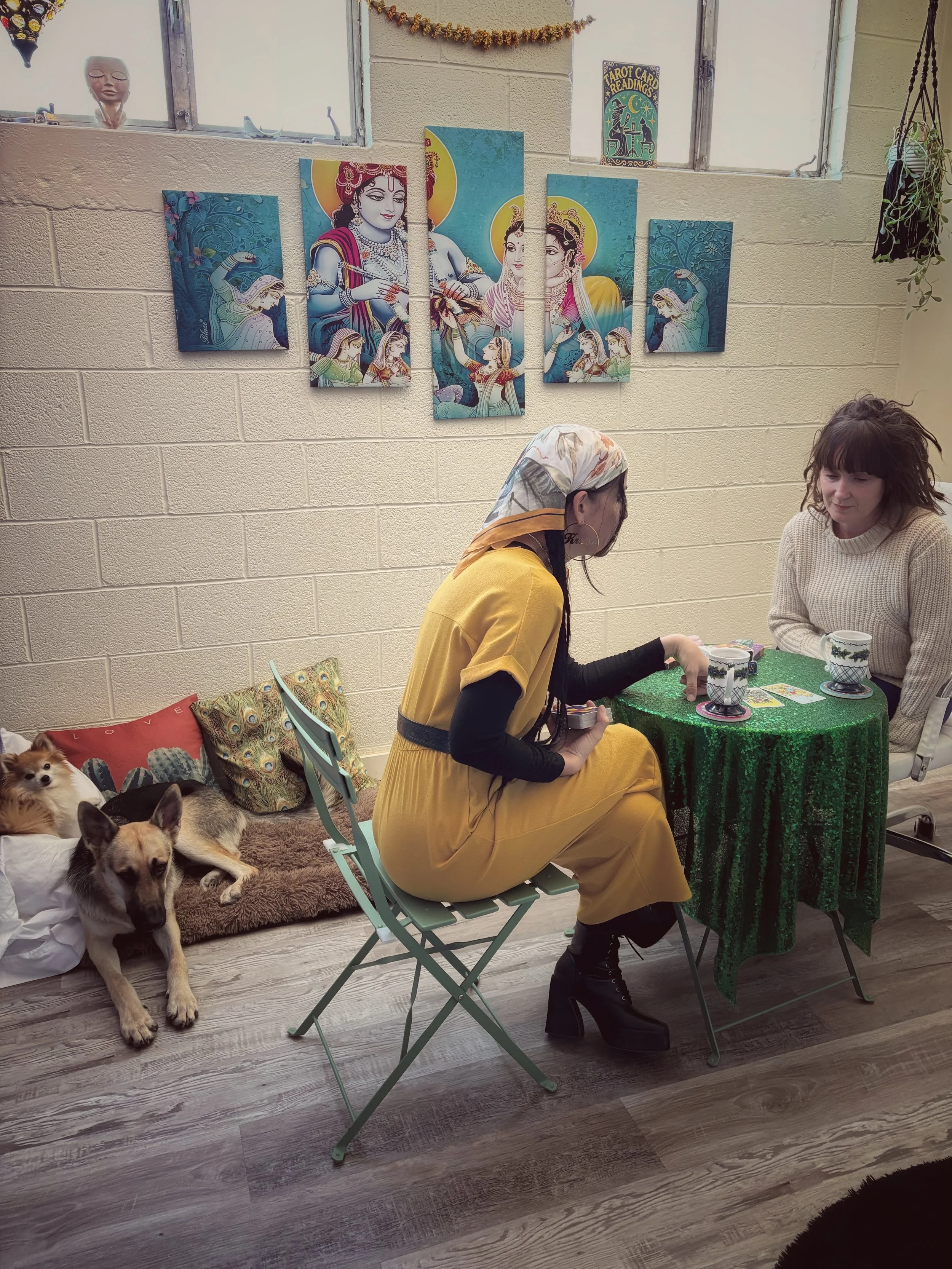 Two women sit at a green, sequined table playing tarot card reading game, with a dog and a cat resting on a pillow on the floor nearby. There is a colorful fantasy-themed painting on the wall behind them, and a window with plants hanging from the ceiling.