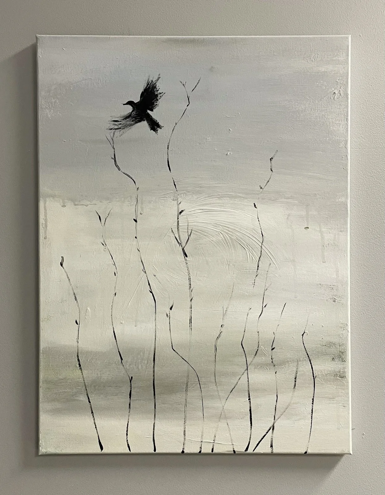 Abstract painting of a bird flying above tall, thin branches on a textured white background.