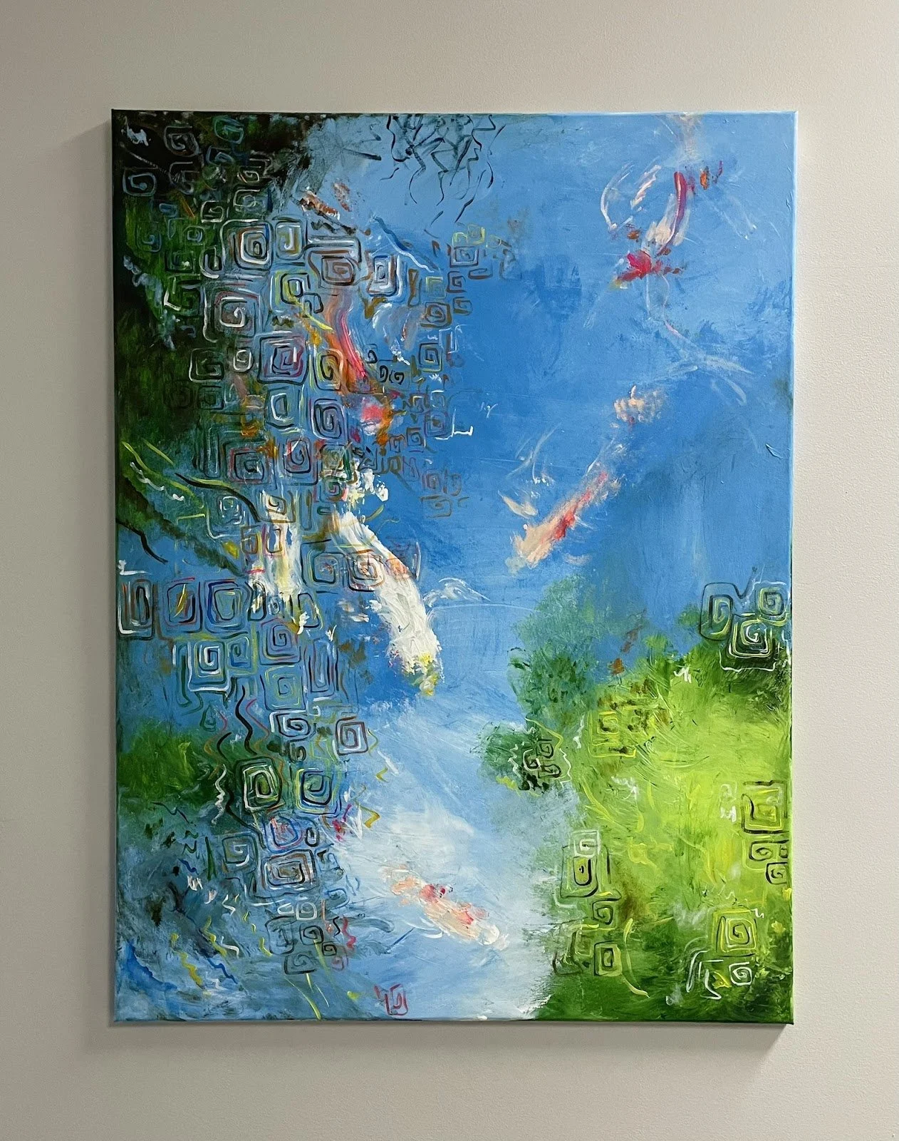 Abstract landscape painting featuring a blue sky, water, the green of trees, and koi fish, with geometric spiral patterns scattered throughout.