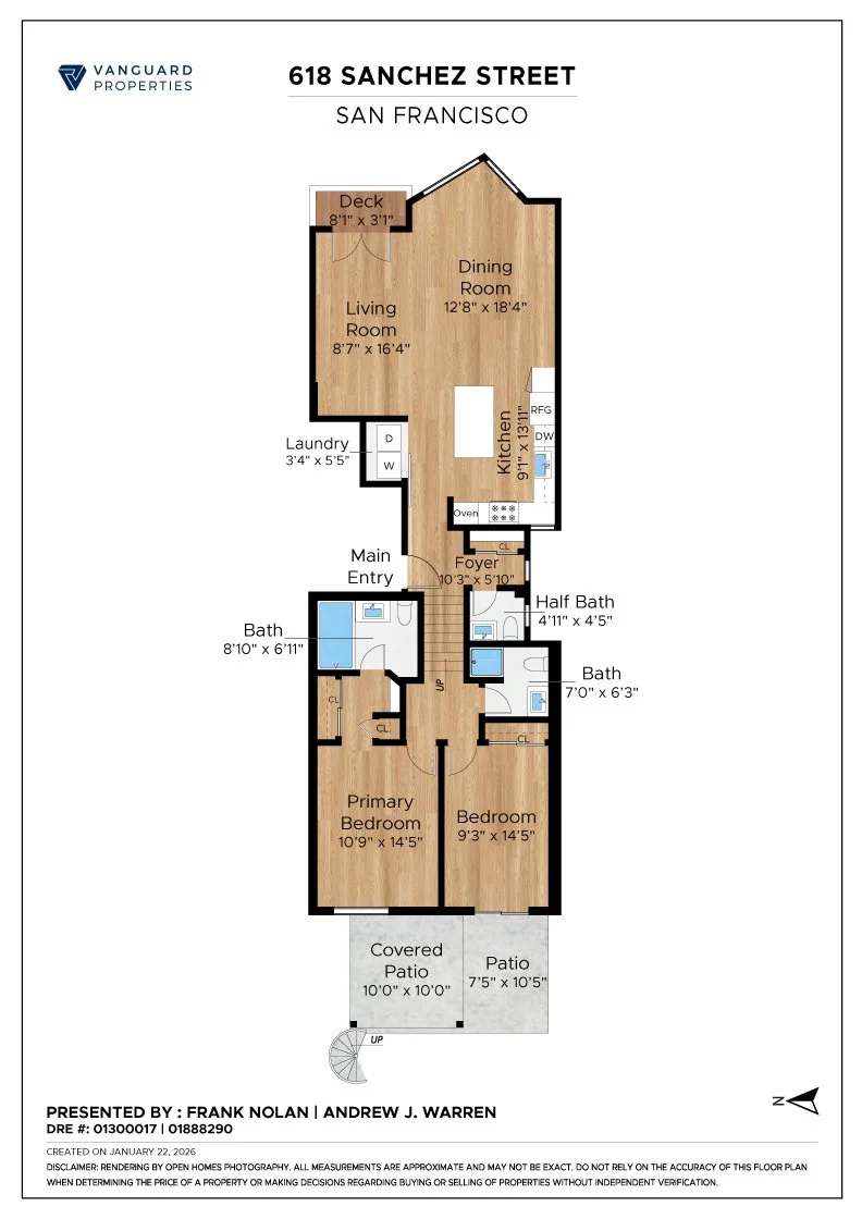 Floor plan of a house at 618 Sanchez Street in San Francisco, showing rooms including a primary bedroom, bedroom, bathrooms, kitchen, dining room, living room, laundry area, foyer, deck, covered patio, and patio.