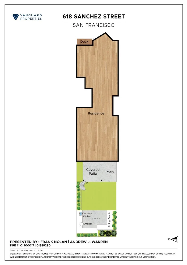 Floor plan of a property at 618 Sanchez Street, San Francisco, showing outdoor areas including a patio, covered patio, outdoor kitchen, planter, sitting bench, and deck, with the residence in the middle.