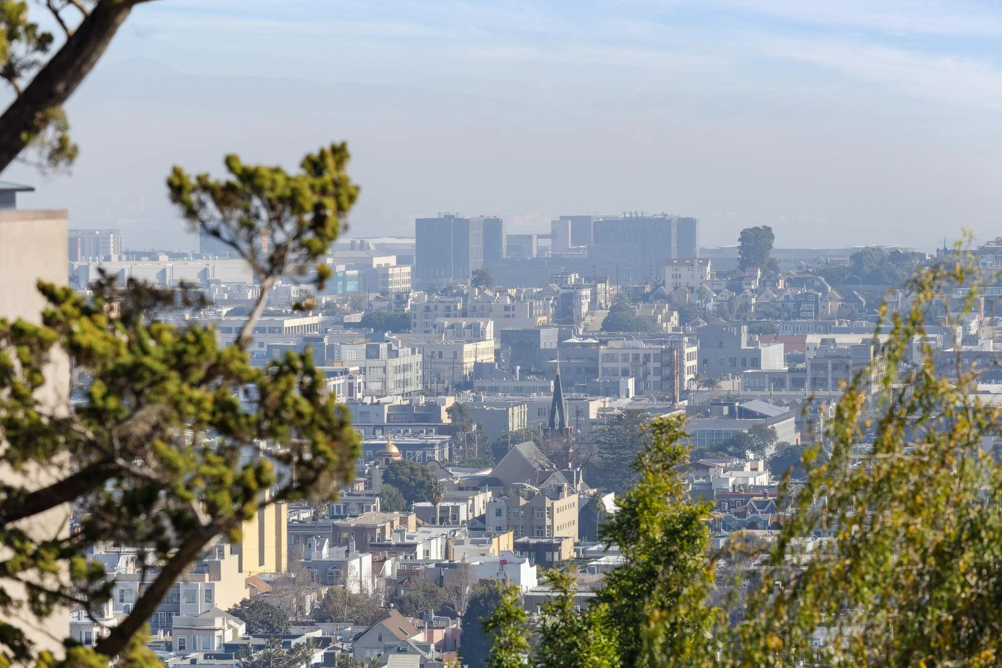 Panoramic view of a cityscape with buildings, trees in the foreground, and a hazy sky in the background.