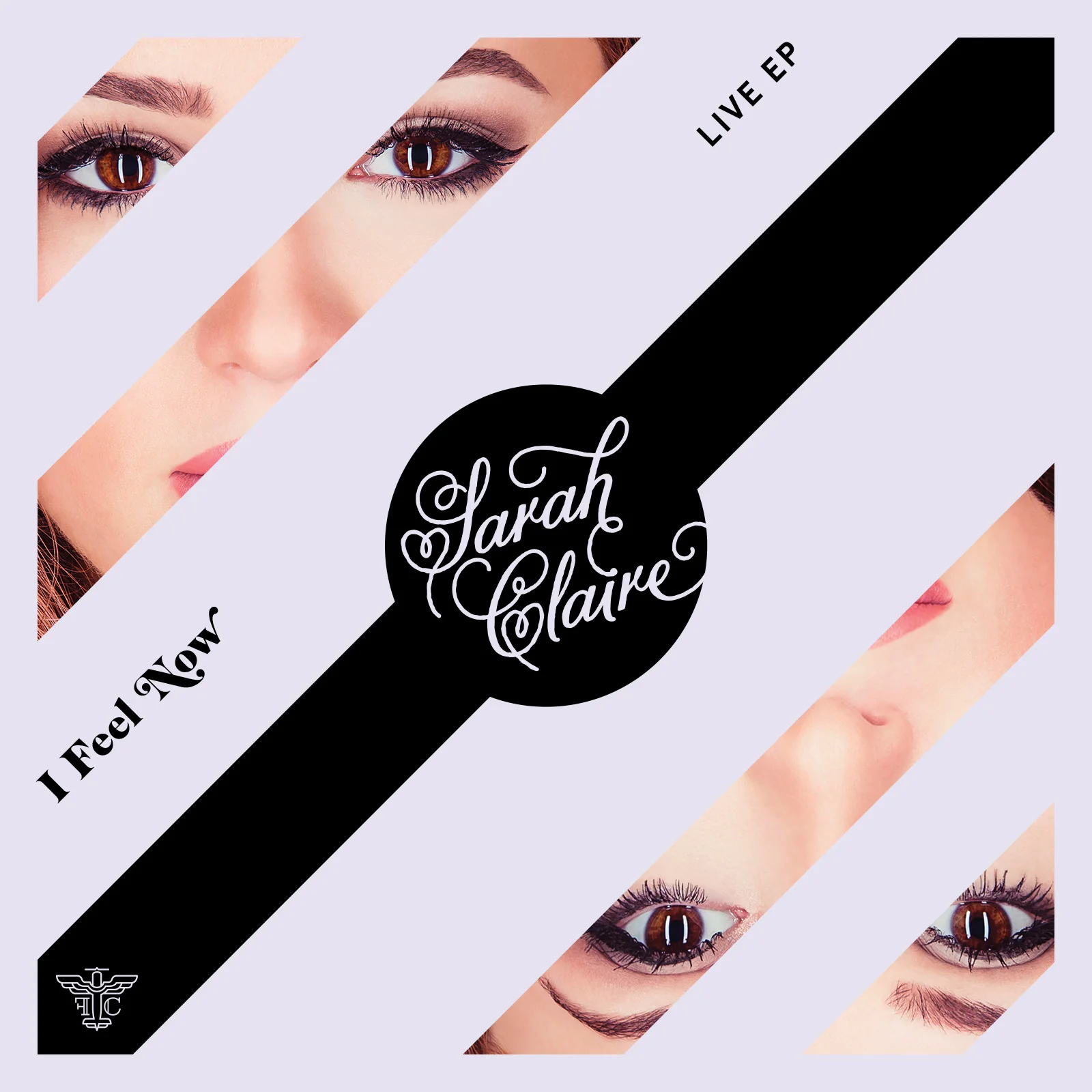 Album cover featuring close-up images of women's eyes and lips, with the title 'I Feel Now' and the artist 'Sarah Claire' written in stylized script, set against a light purple background with diagonal black stripe accents.