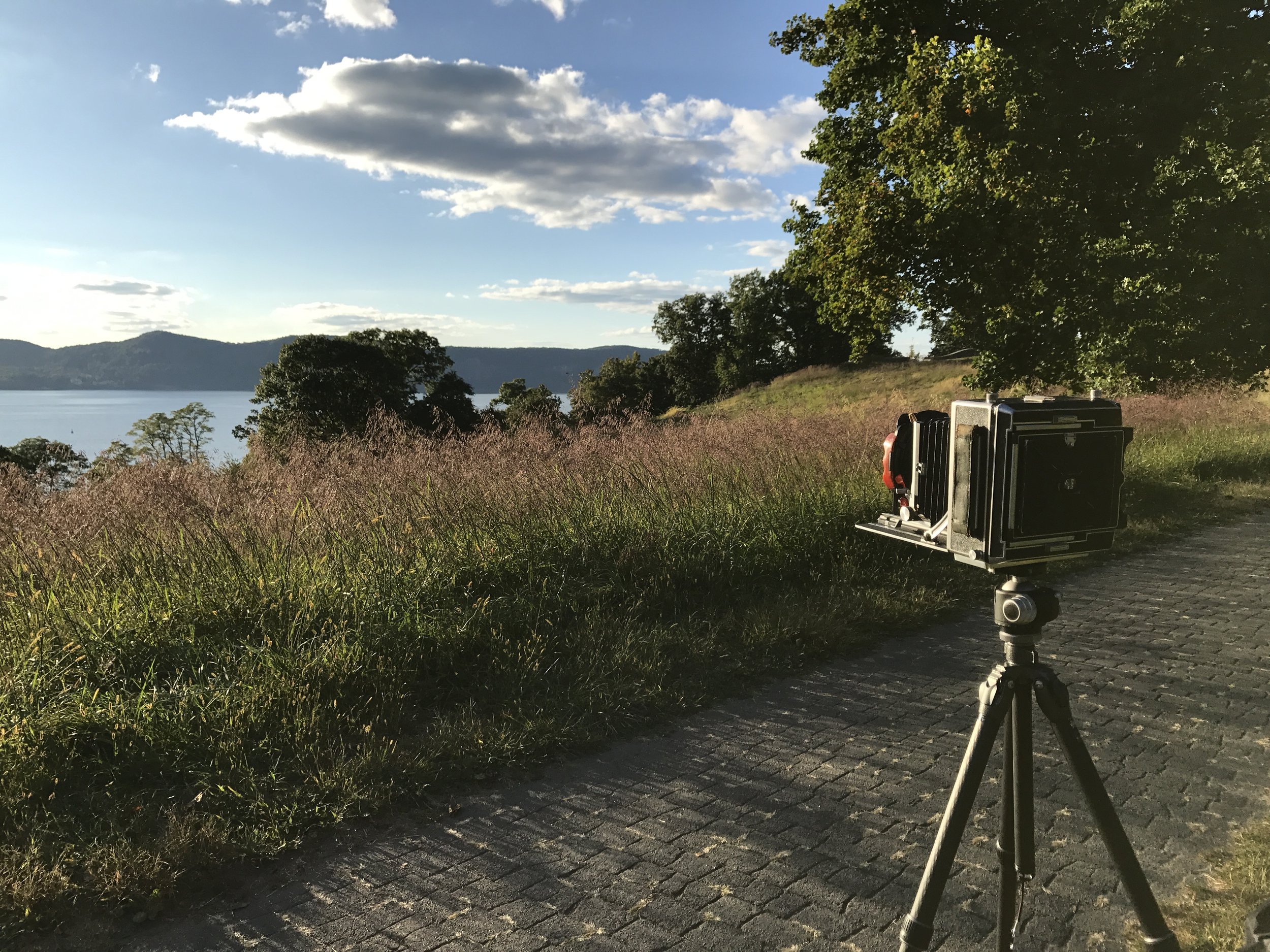 A vintage large format camera mounted on a tripod on a paved path, overlooking a landscape of trees, grass, a body of water, and mountains under a partly cloudy sky.