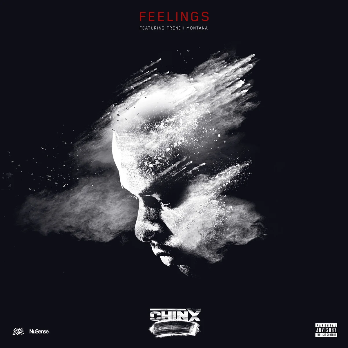 Album cover featuring a black and white digital art image of a child's face with a cosmic-like explosion or paint splatter effect. The text reads 'FEELINGS' at the top, with 'FEATURING FRENCH MONTANA' underneath. The bottom shows the artist's name 'C