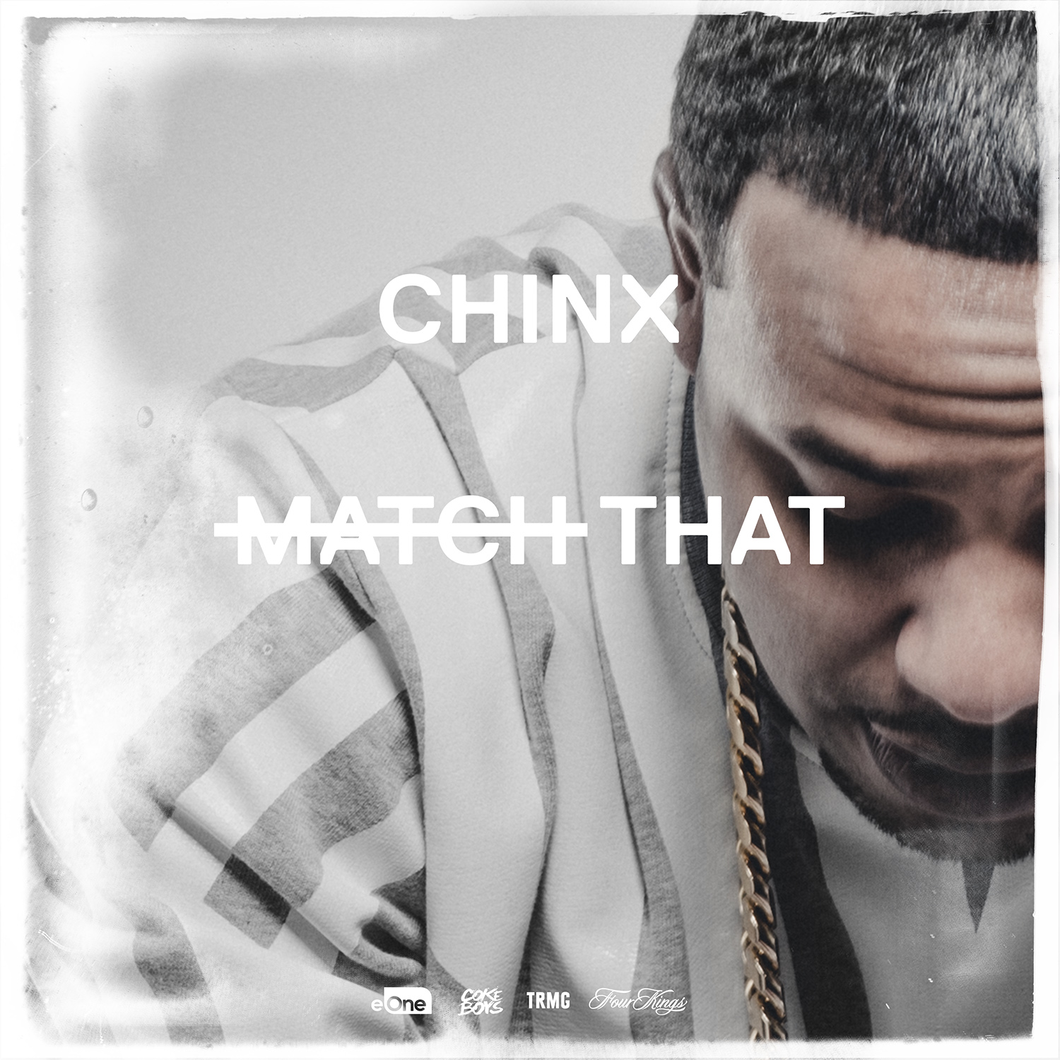 Close-up of a man with dark short hair, wearing a varsity jacket and gold chain, looking downward. Overlaid text reads 'CHINX' and 'MATCH THAT'.