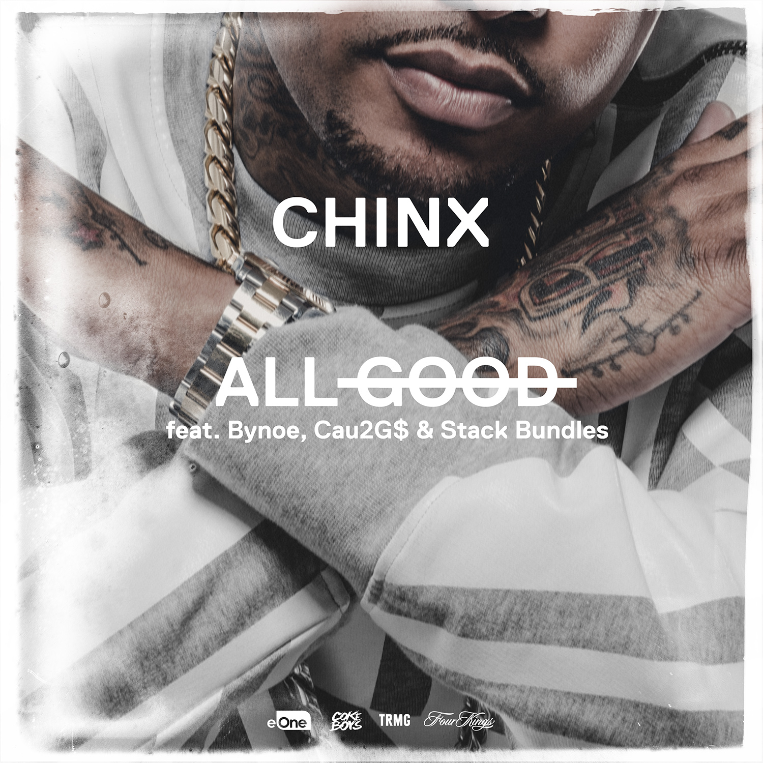 Close-up of a man with tattoos and a chain necklace, leaning on his folded arms, with the words 'CHINX' and 'ALLGOOD feat. Bynoe, Cau2G$ & Stack Bundles' overlaid on the image.