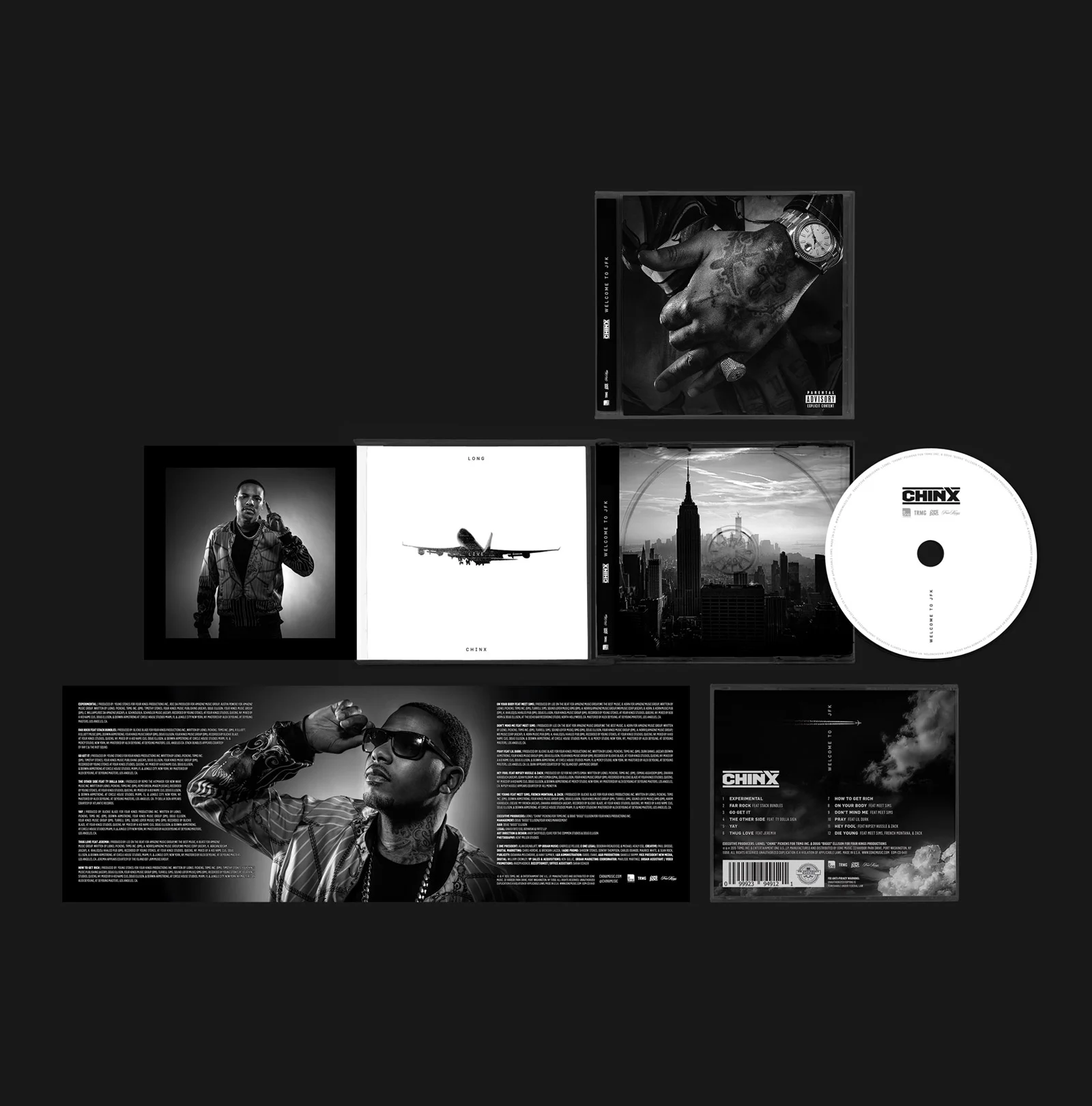 Black and white photo of a music album with a CD, featuring images of a man with tattoos and sunglasses, an airplane, an urban skyline with the Empire State Building, and a person in a leather jacket with short hair.