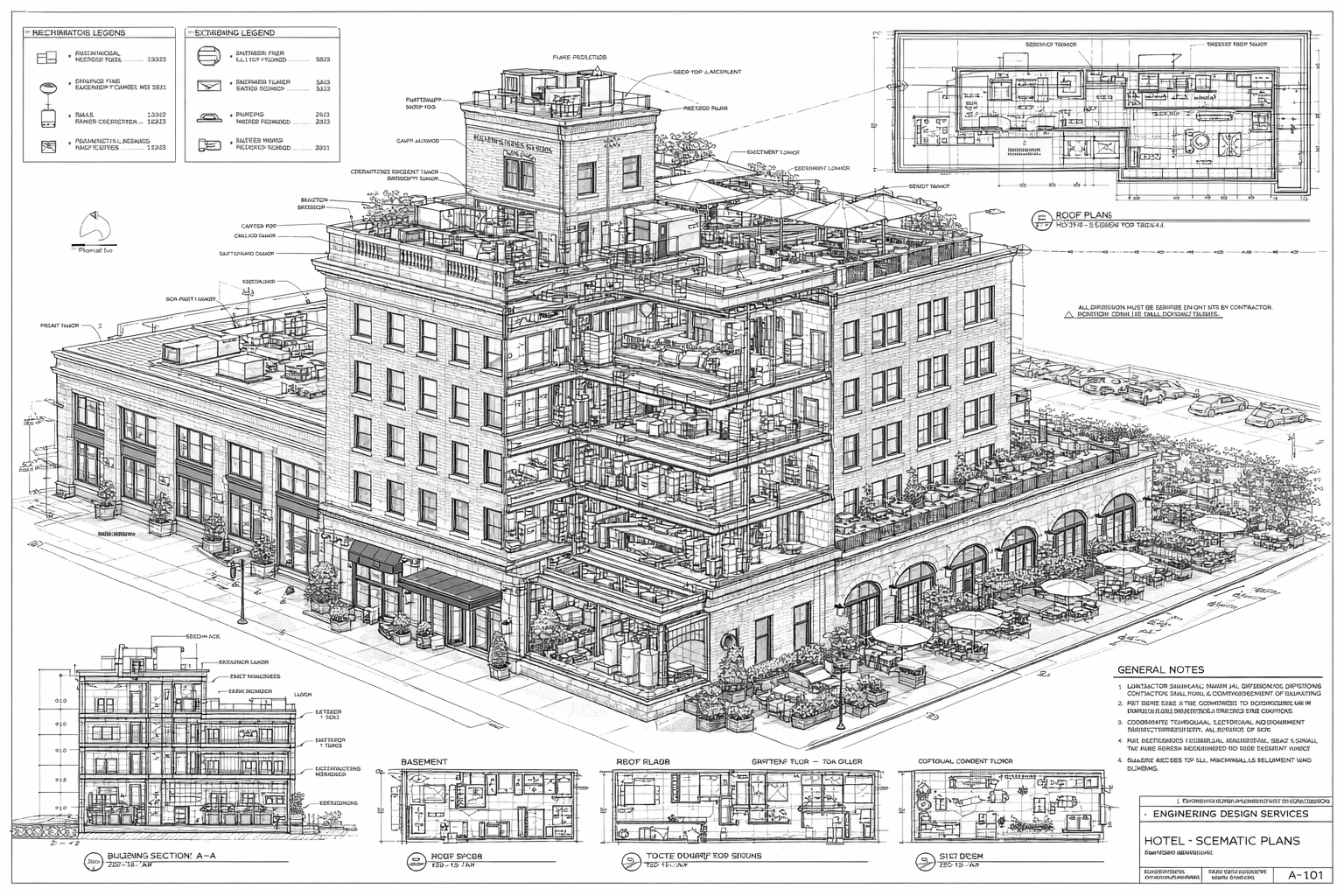 Architectural blueprint and detailed technical drawings of a multi-story hotel building, including floor plans, roof plans, building section, and elevation views with annotations and legend.