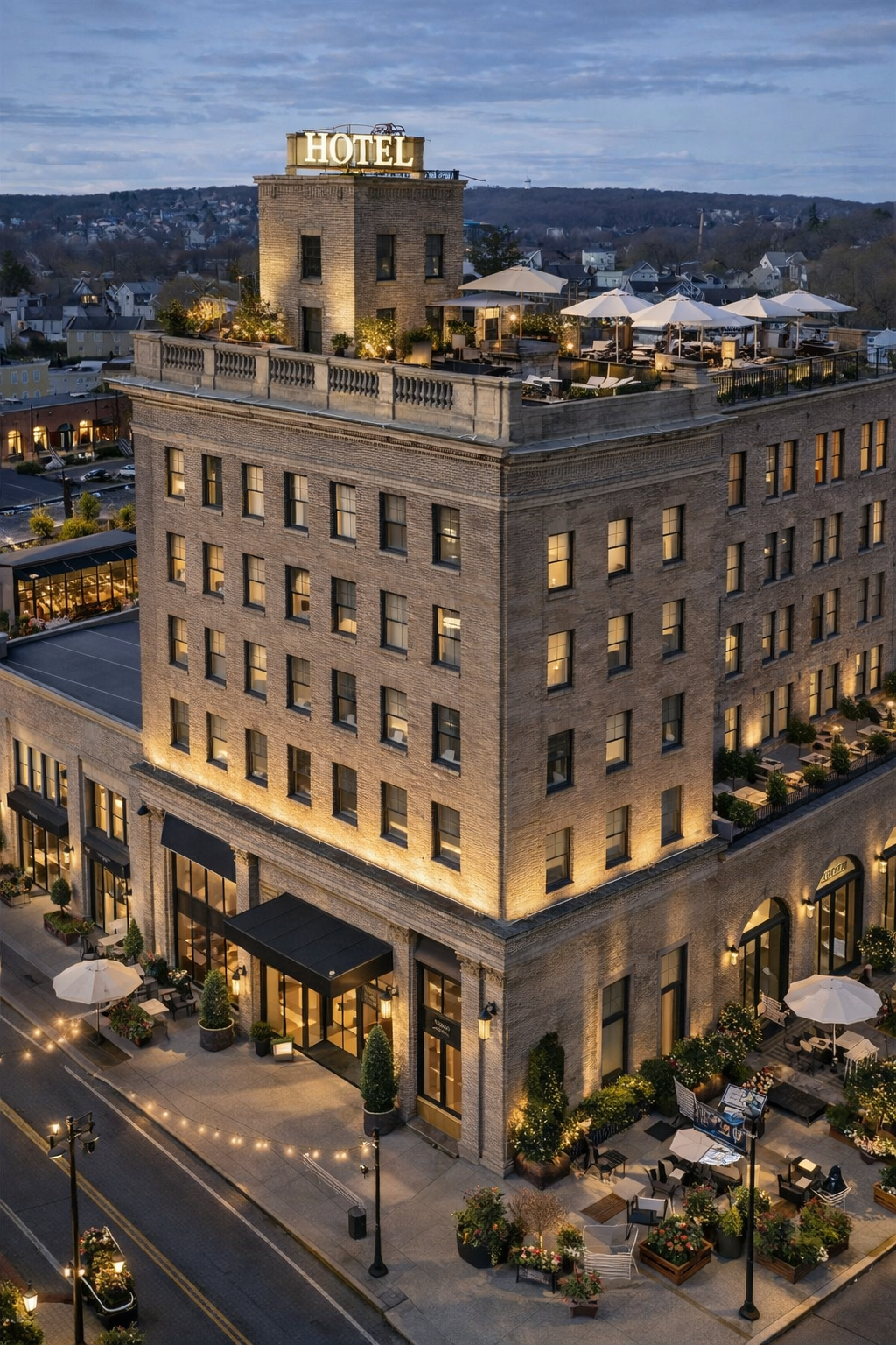 A multi-story hotel building at twilight with an outdoor rooftop terrace featuring umbrellas and seating area, and a lively front sidewalk with outdoor dining, potted plants, and string lights.