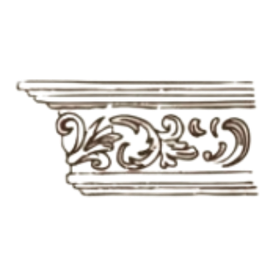 Ornamental architectural detail with scrollwork and leaf motifs in beige and white