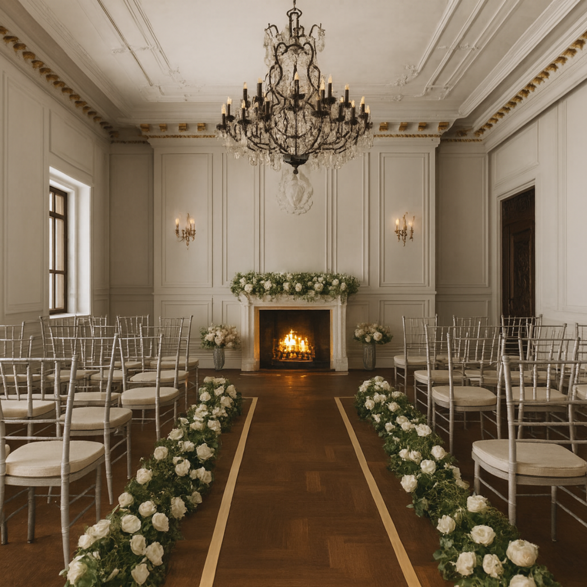 Elegant wedding ceremony setup in a grand room with a fireplace decorated with white flowers, empty chairs arranged in rows, and a chandelier hanging from the ceiling.