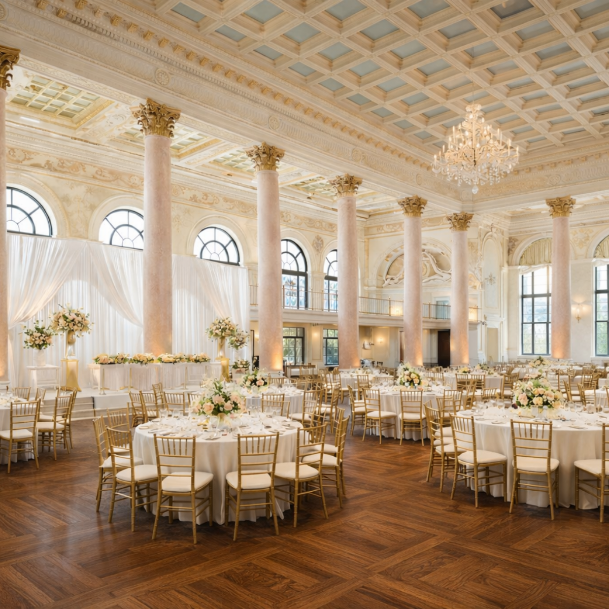 Elegant banquet hall with high ceilings, large windows, and tall Corinthian columns, decorated for a wedding reception with white tablecloths, gold chairs, and floral centerpieces.