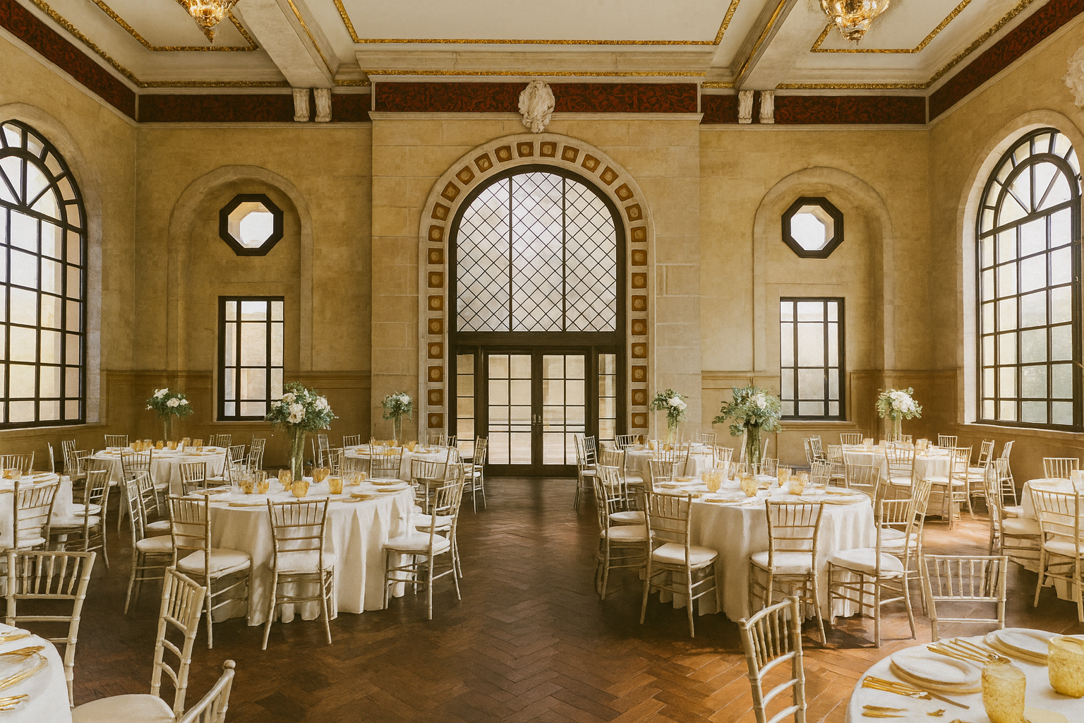 Elegant banquet hall with large arched windows, round tables with cream tablecloths, tall floral centerpieces, and gold chairs, in a historic building with ornate ceiling details.