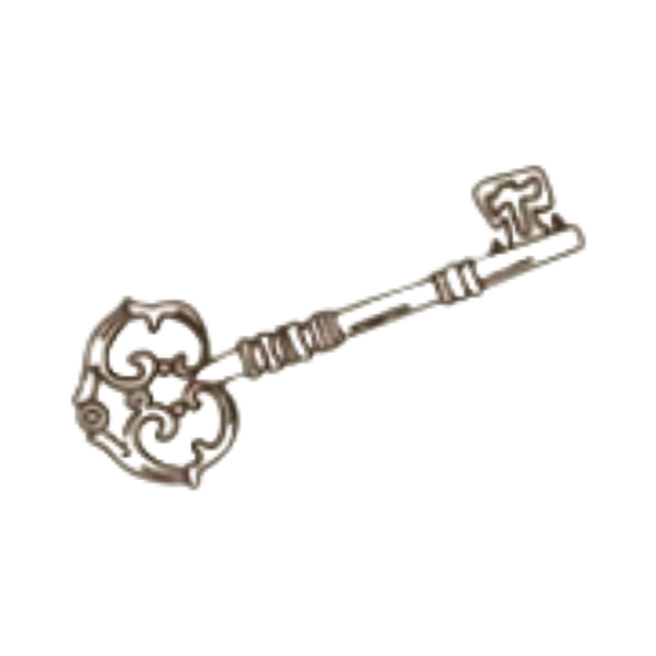A vintage ornate silver key with a decorative bow and a long shaft.