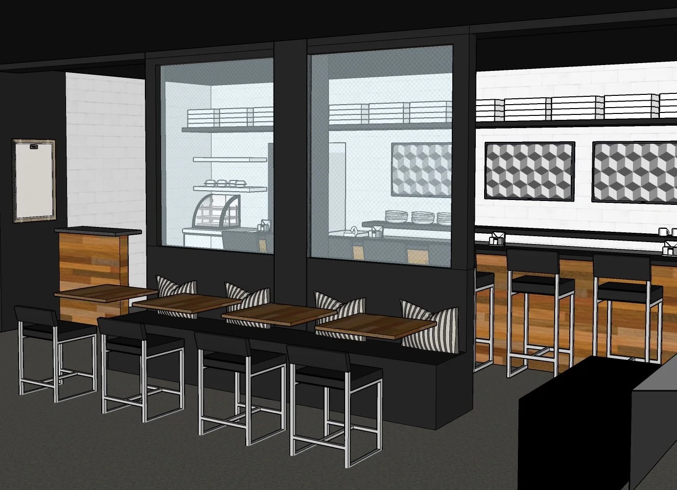 Interior view of a modern restaurant with a bar area, high chairs, and a glass partition separating the dining space from the kitchen.