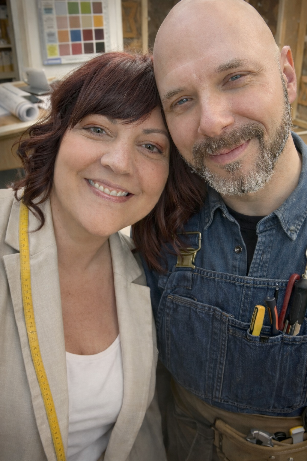 A woman and a man smiling, close together, in a workshop or tailor's studio, with sewing tools and fabric in the background.