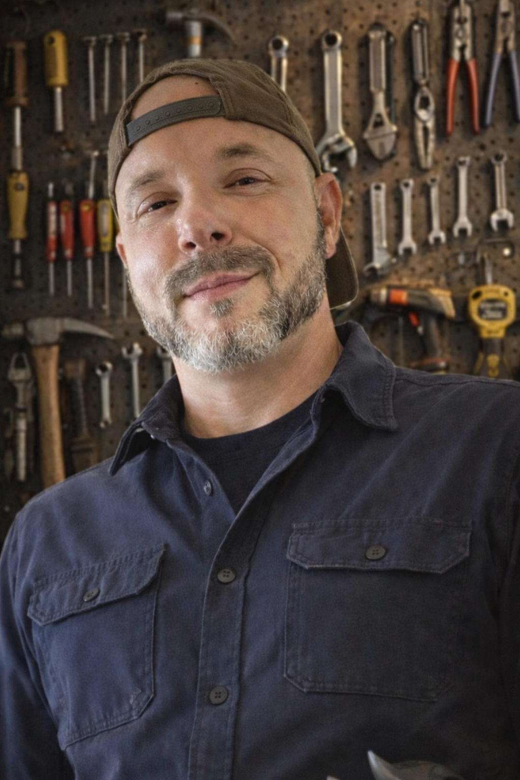 A man with a beard and mustache, wearing a backwards brown baseball cap and a dark button-up shirt, smiling in front of a pegboard wall filled with various hand tools.