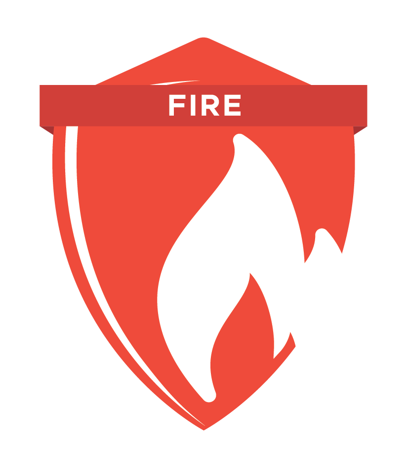 Fire department emblem with a white flame on a red shield and the word 'FIRE' at the top.