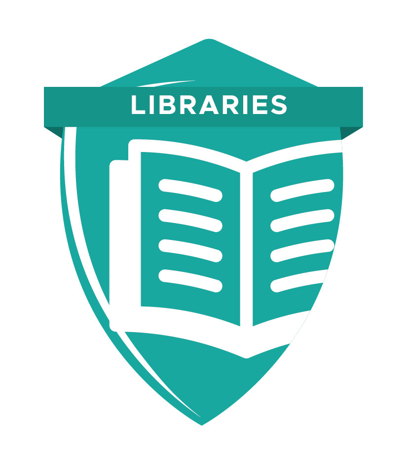 A teal shield emblem with a white open book and the word "LIBRARIES" across the top banner.
