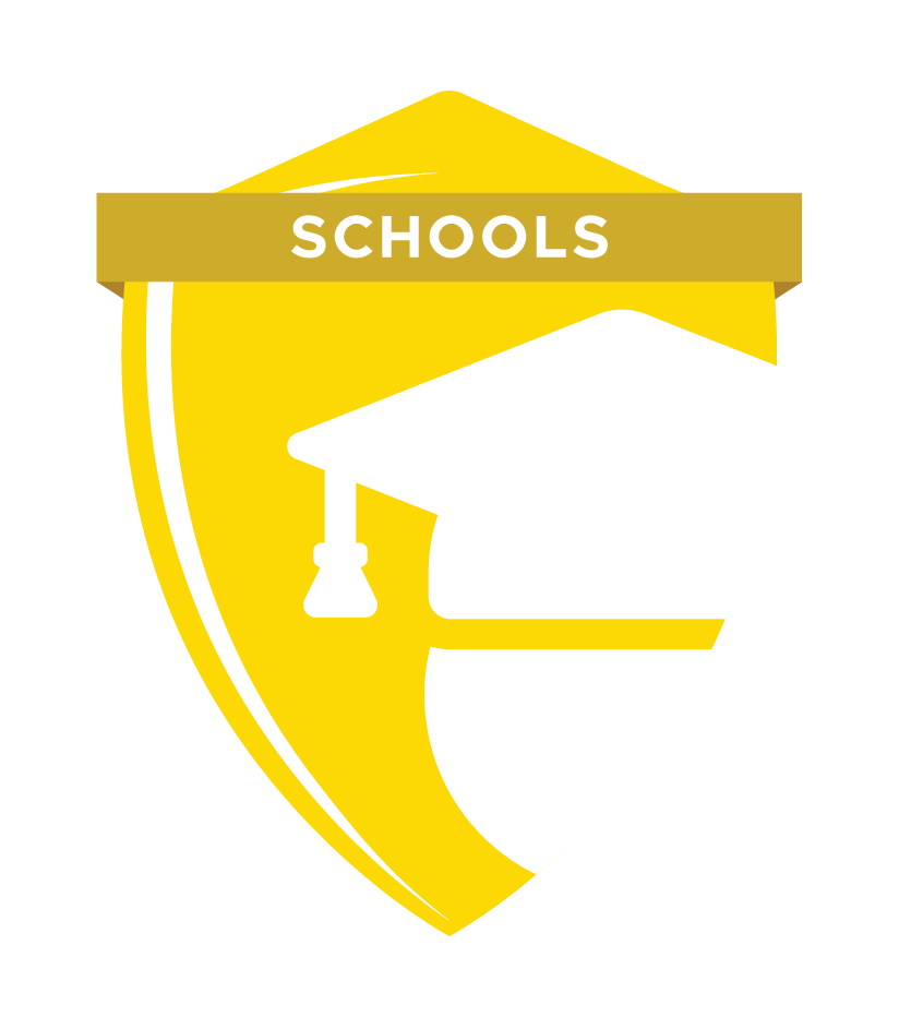 A school emblem featuring a yellow shield with a white graduation cap and mortarboard, and a banner at the top that reads "SCHOOLS" in white text.