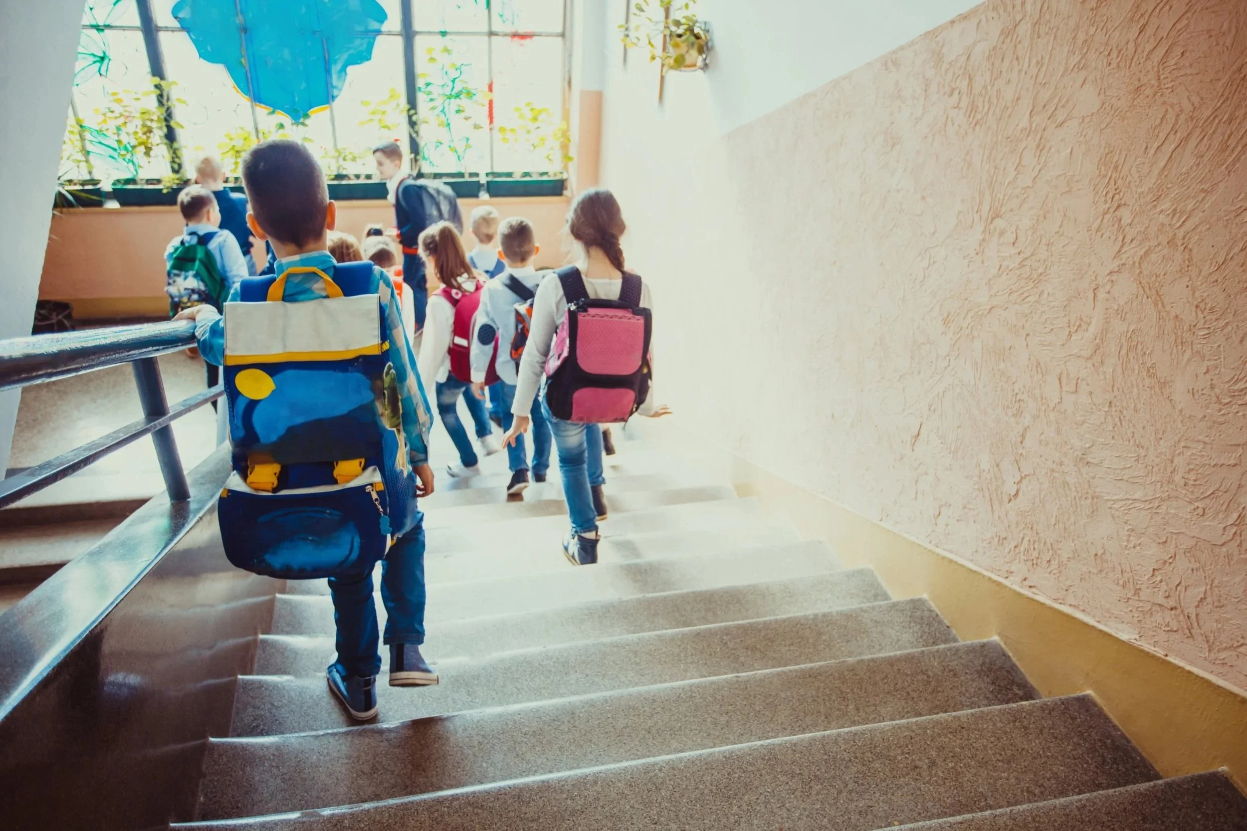 A group of school children with backpacks walking down a staircase in a school hallway, with a window and plants at the top of the stairs.