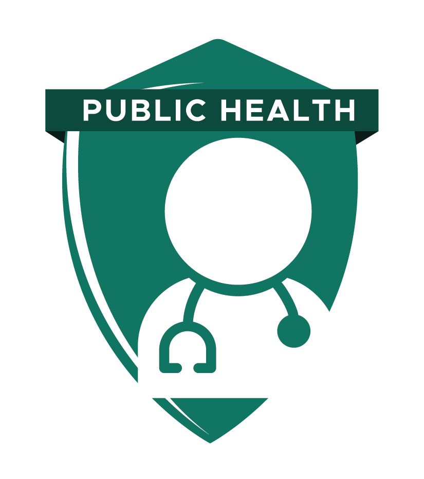 Public health badge featuring a generic figure of a doctor with a stethoscope around their neck, a shield shape, and the words 'Public Health' at the top.