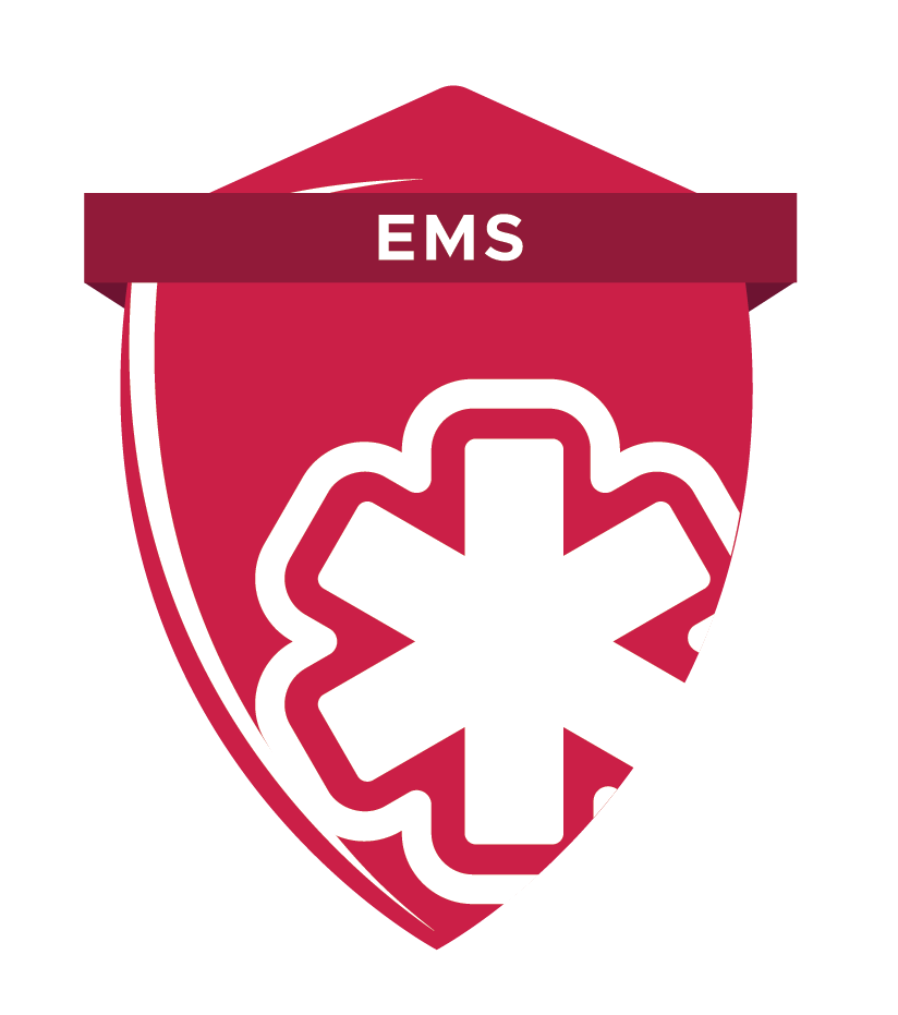 EMS badge with a red shield, a white star of life symbol, and the word EMS on a ribbon across the top