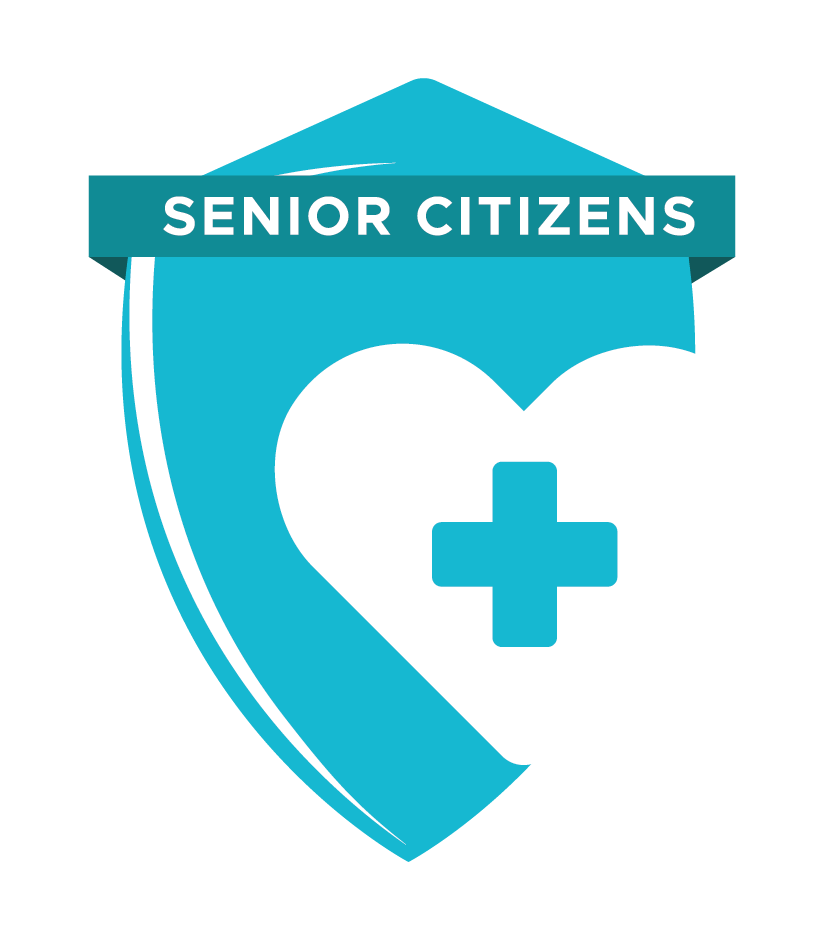 A shield-shaped logo with a blue and white color scheme, featuring a heart with a medical cross inside and a banner reading "Senior Citizens" at the top.