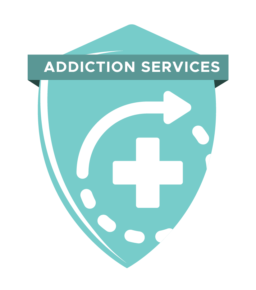 Shield emblem with medical cross and arrow, labeled 'Addiction Services'