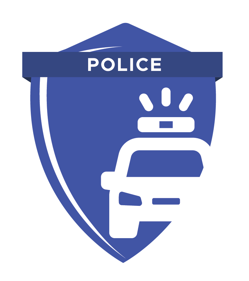 Police badge with a police car and flashing light in white on a blue shield background.
