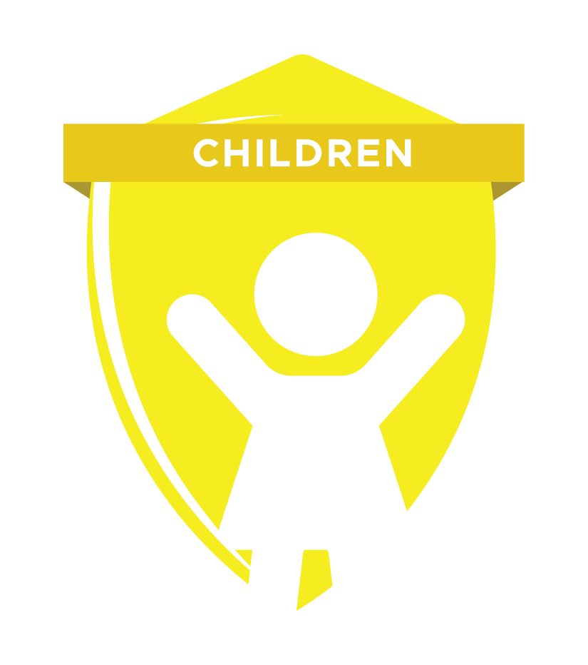 A yellow shield with a white child figure and a banner labeled 'Children' at the top.