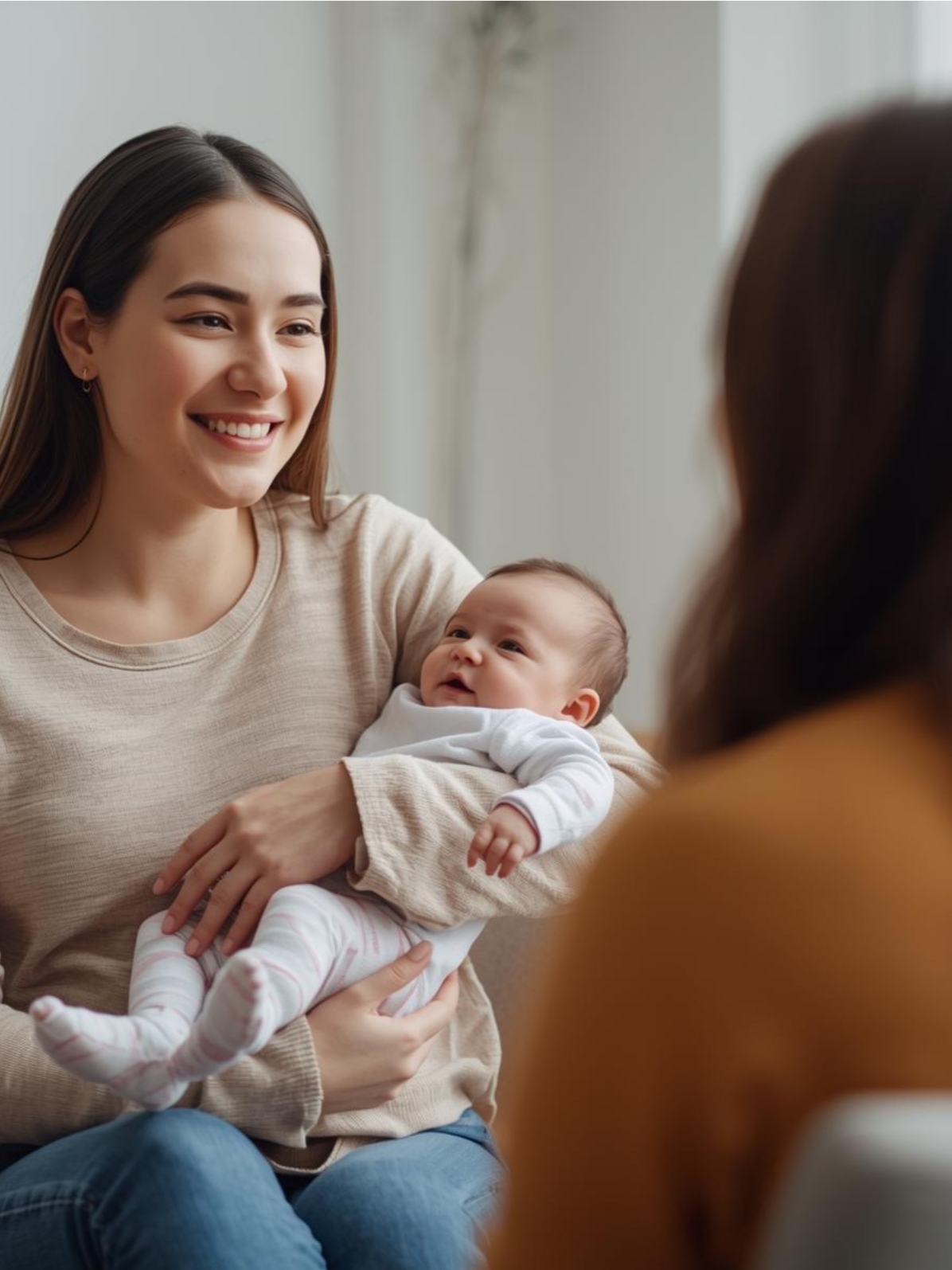 Une jeune femme souriante tenant un bébé dans ses bras, dans un intérieur lumineux, et échange avec sa doula.