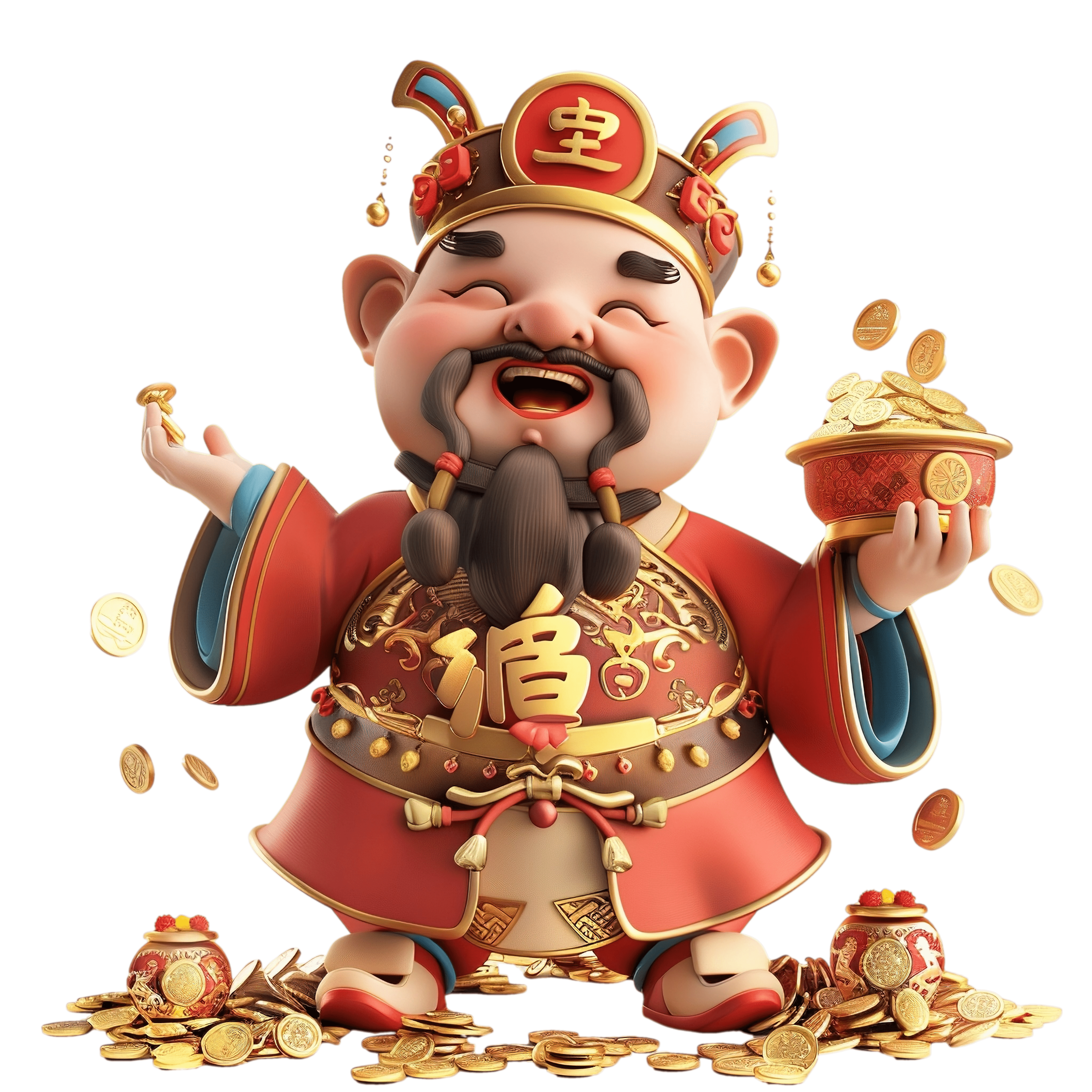A cartoon character dressed as a traditional Chinese god of wealth, smiling and holding a bowl of gold coins with more coins piled around.