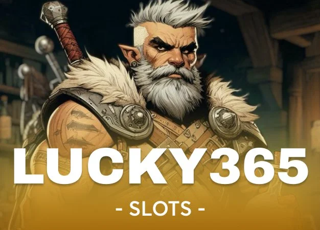 A fantasy-style illustration of a rugged male character with gray hair, a beard, and elf-like ears, wearing armor with fur accents. The text reads "Lucky365 Slots."
