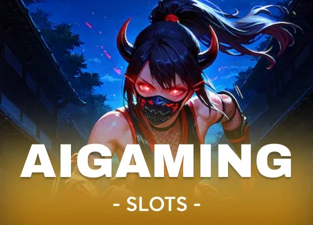 A digital illustration of a fierce female character with dark hair, red eyes, devil horns, and a mask, set against a night sky with trees and traditional buildings. The text reads "AIGAMING SLOTS."